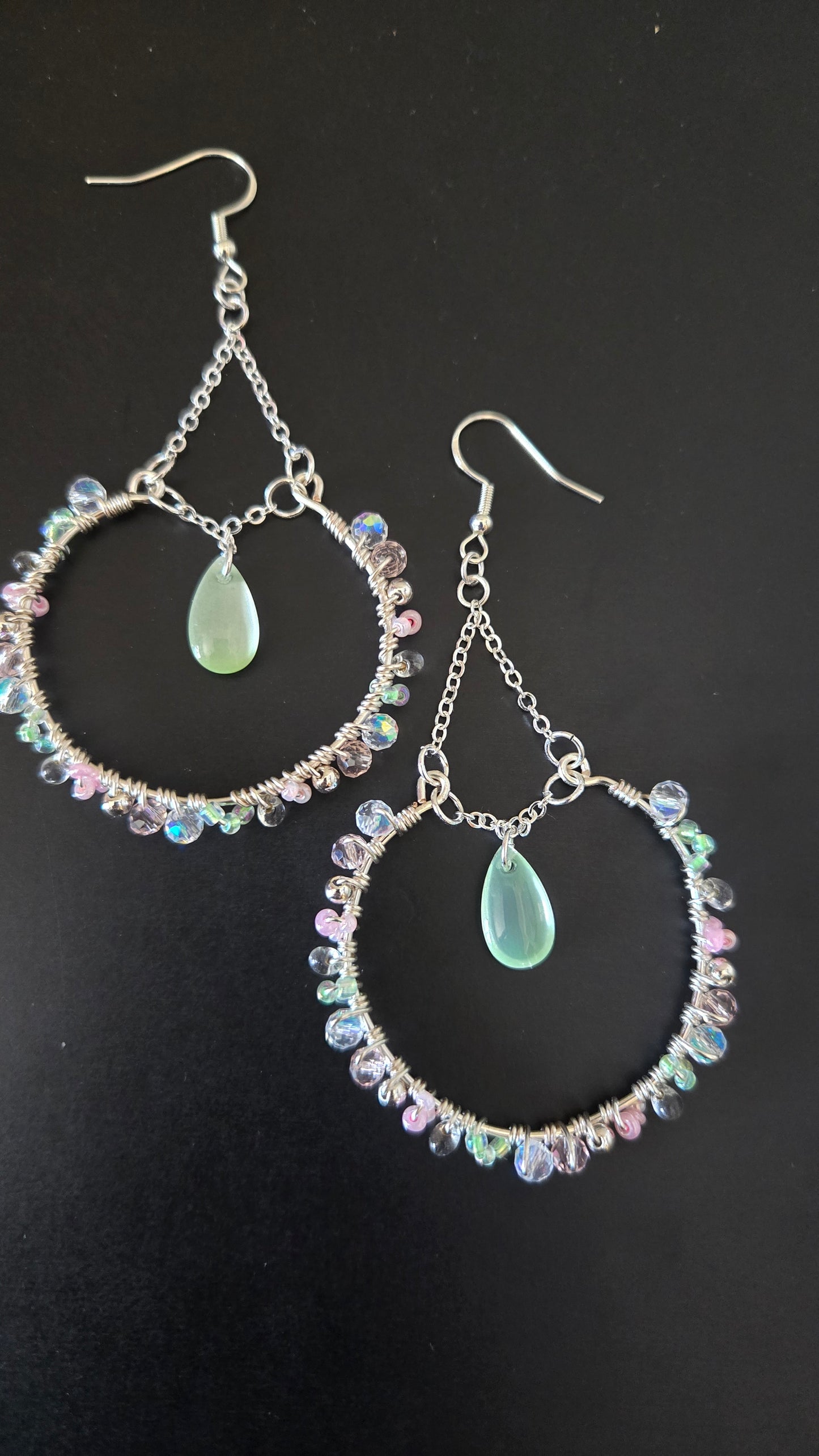 Sage Green and Pink Wire-wrapped Earrings