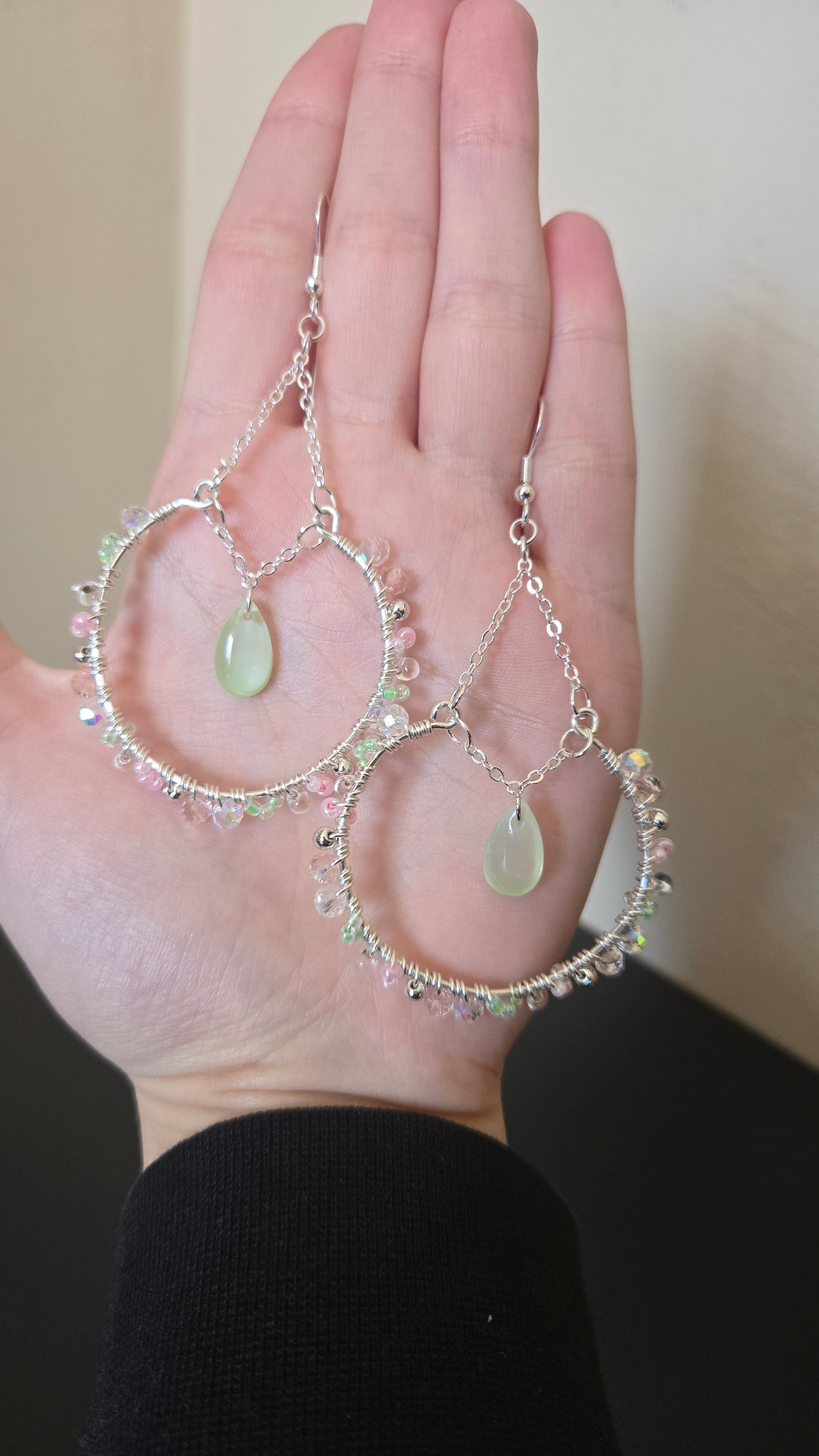 Sage Green and Pink Wire-wrapped Earrings