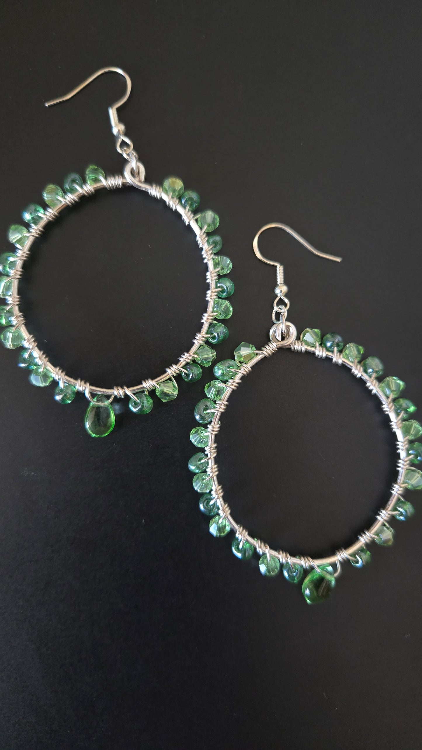 Green Teardrop Wire-wrapped Hoops