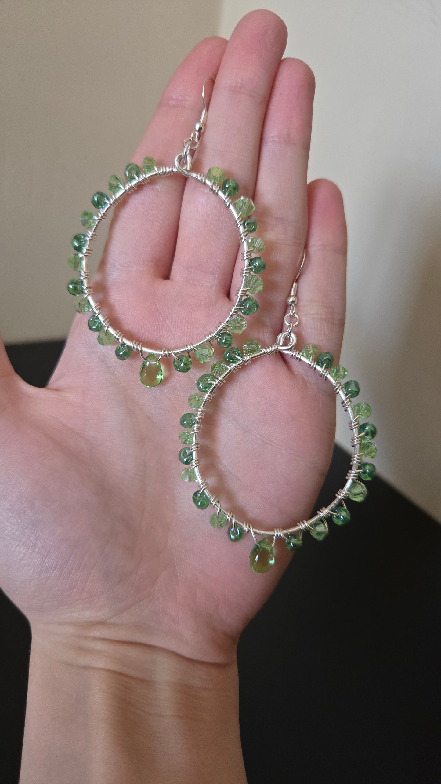 Green Teardrop Wire-wrapped Hoops