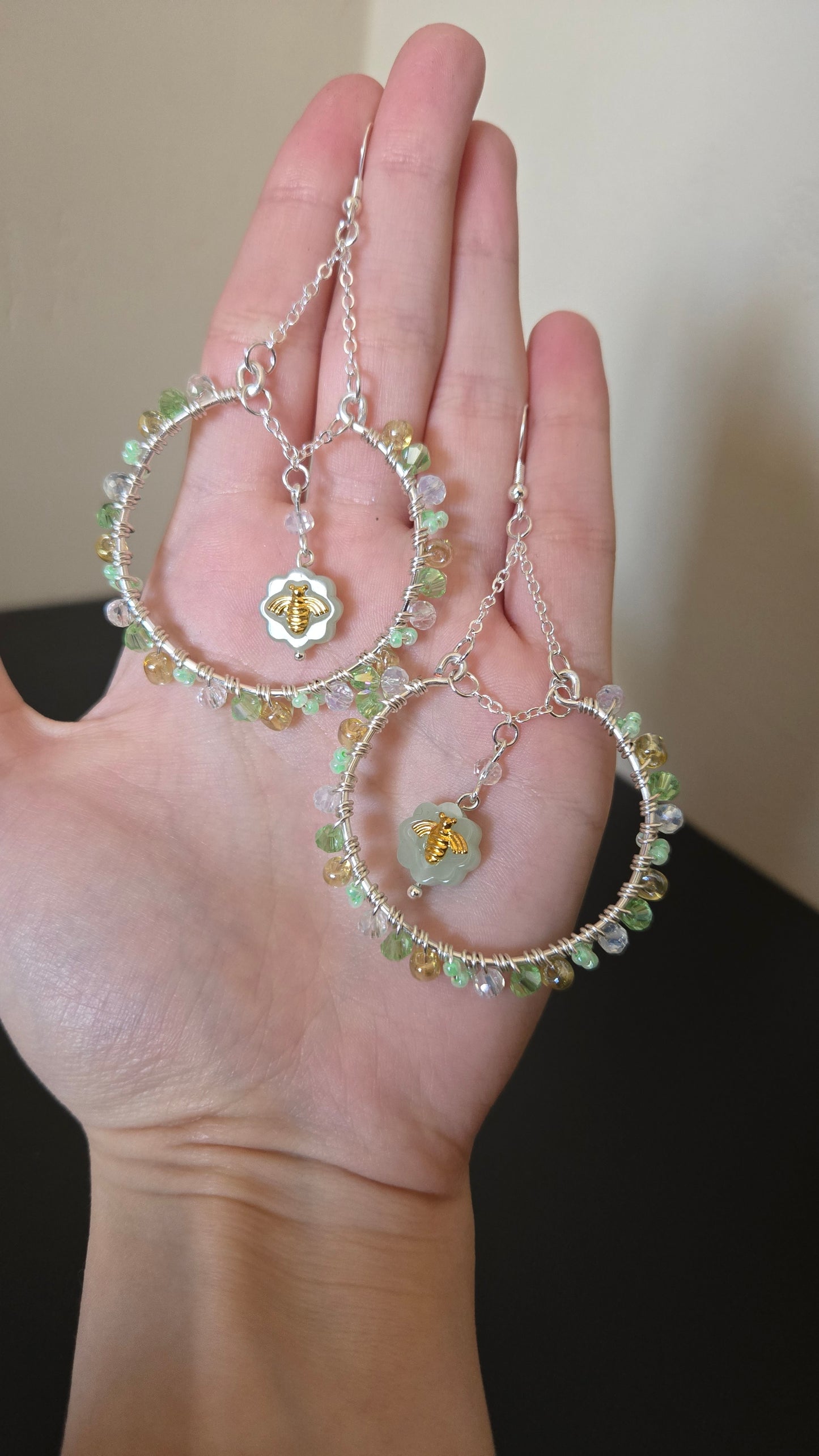 Sage Honey Bee Wire-wrapped Earrings