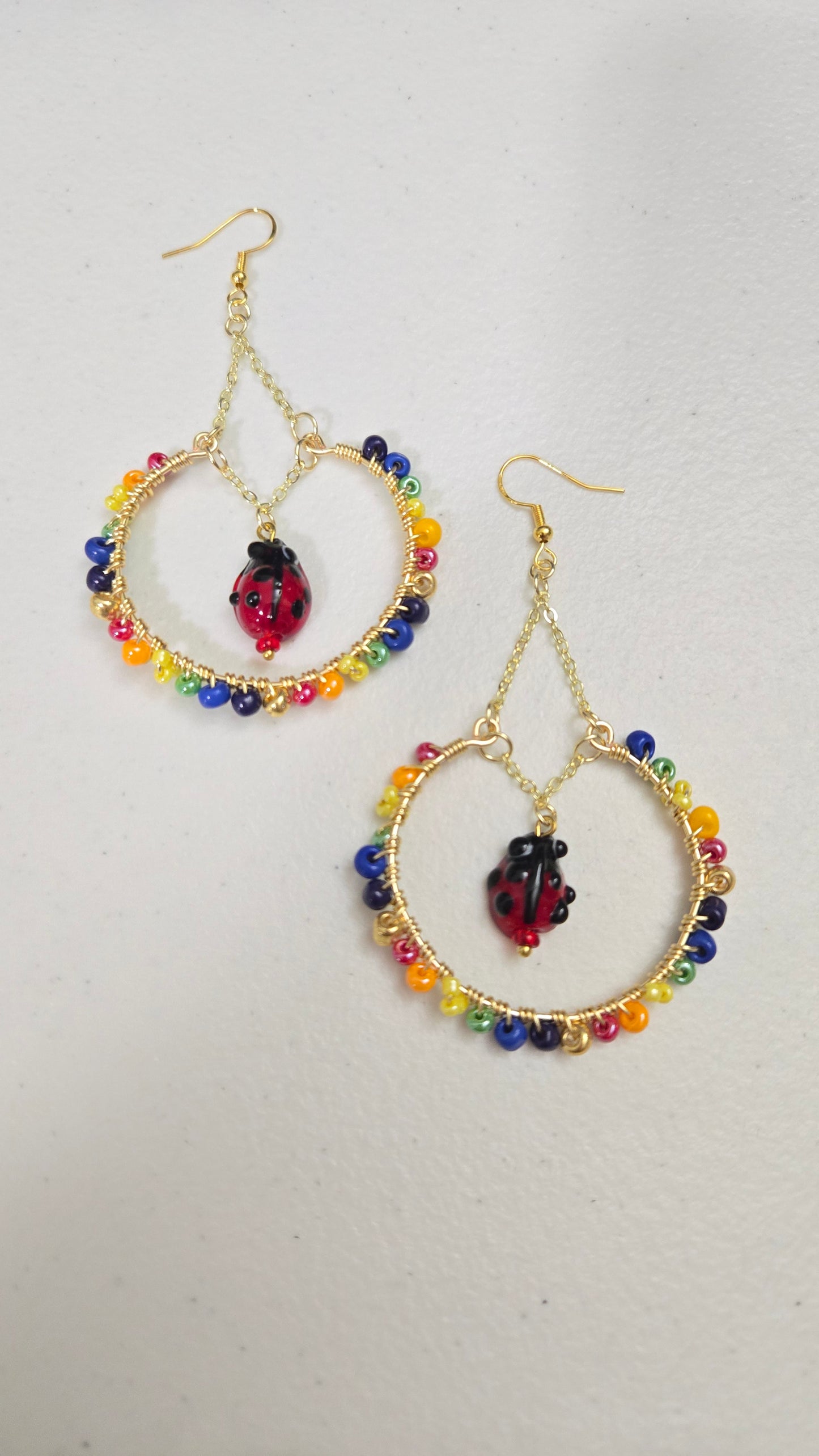 Rainbow Ladybug Wire-wrapped Earrings