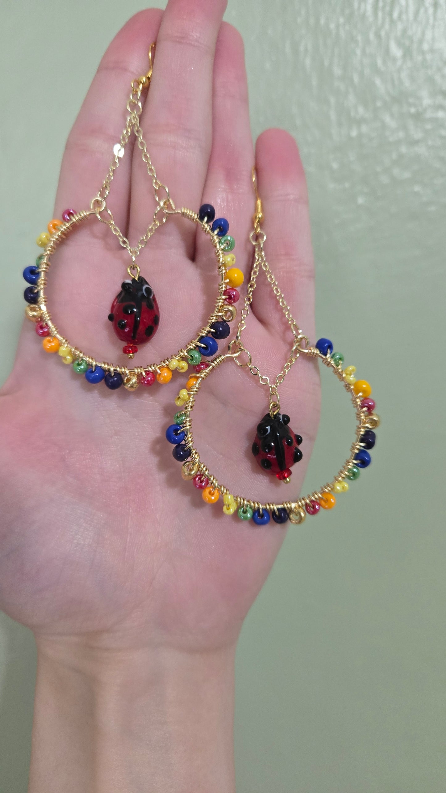 Rainbow Ladybug Wire-wrapped Earrings