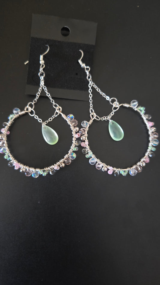 Sage Green and Pink Wire-wrapped Earrings