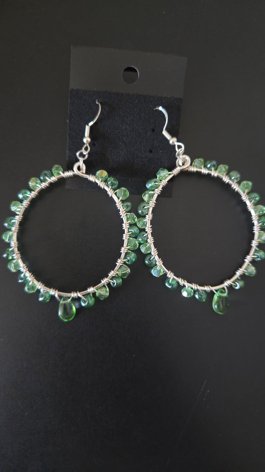 Green Teardrop Wire-wrapped Hoops