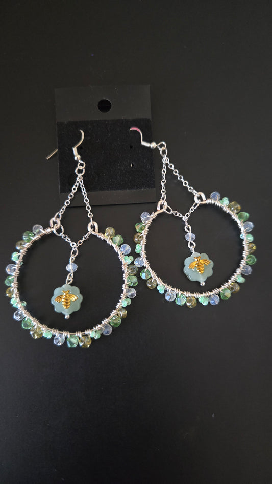 Sage Honey Bee Wire-wrapped Earrings