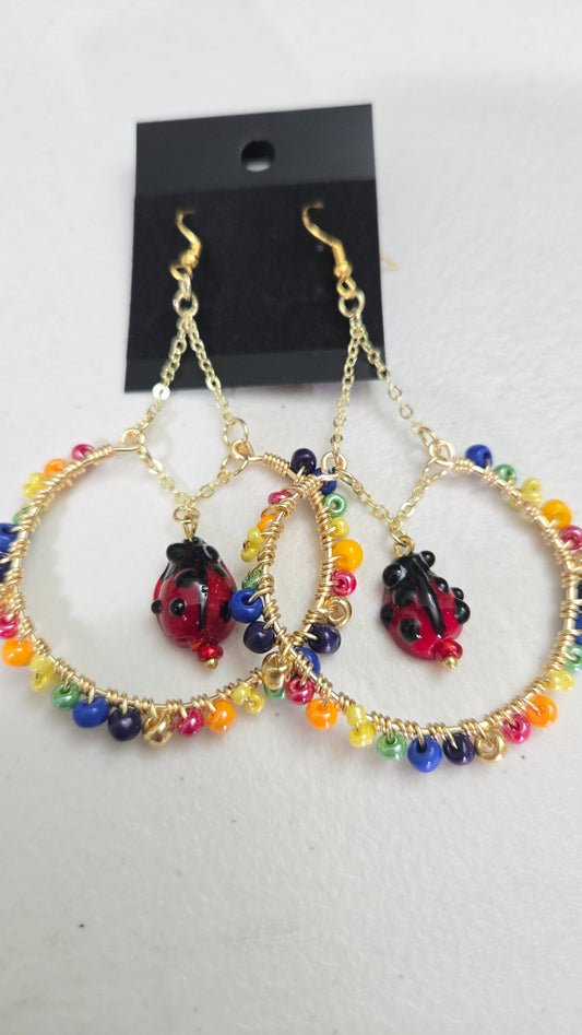 Rainbow Ladybug Wire-wrapped Earrings
