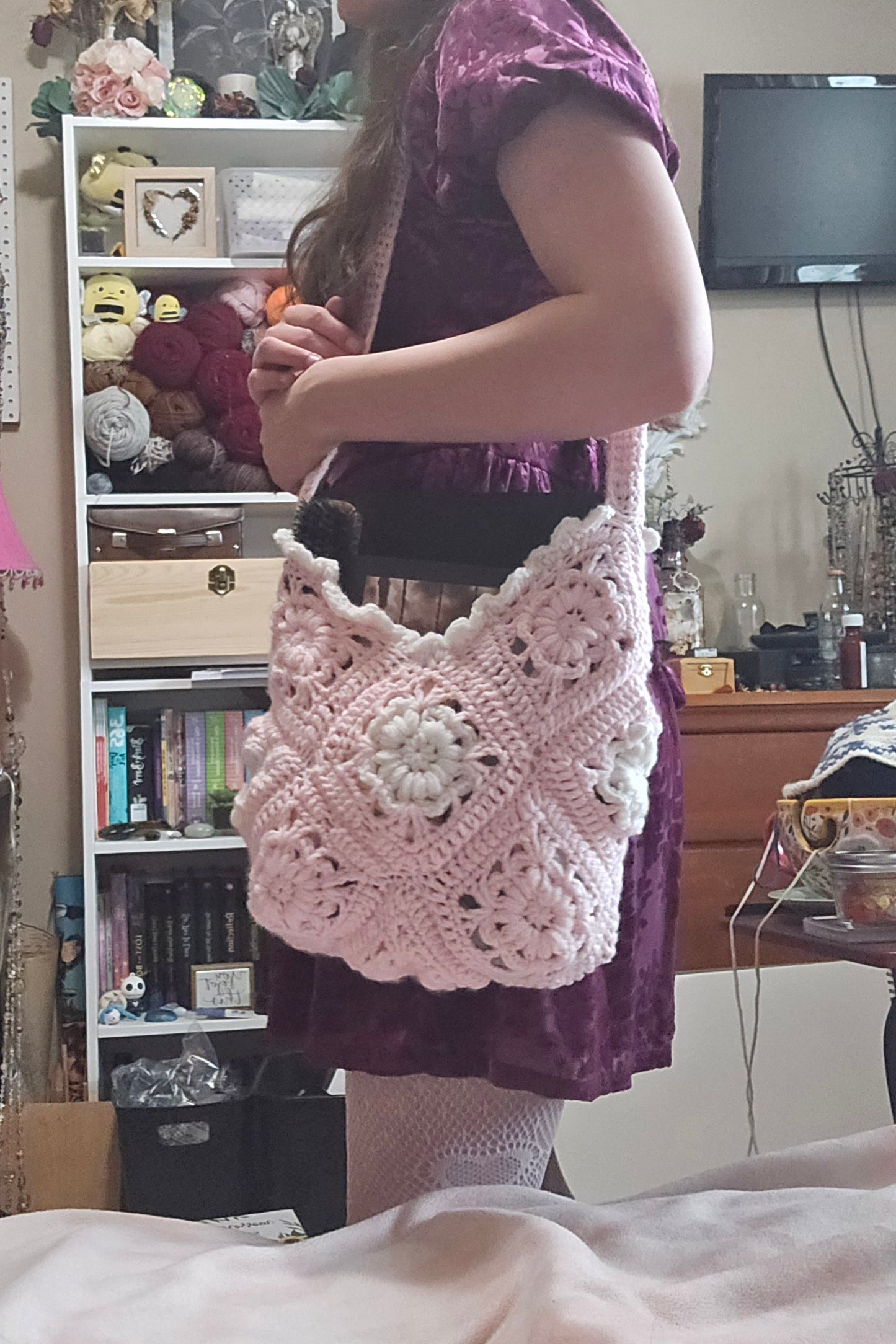 Pink Floral Crochet Market Bag