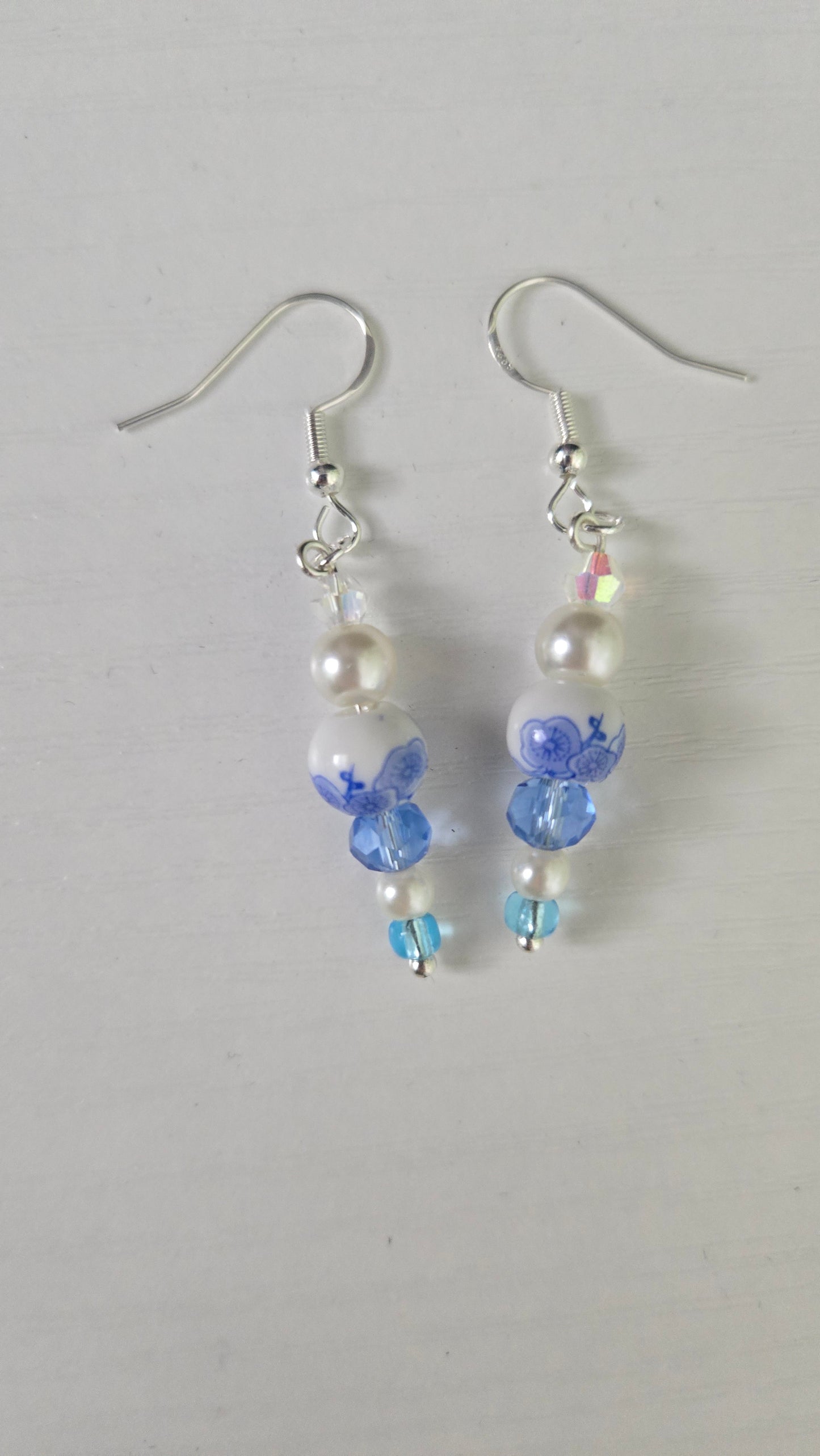 Blue/Pearl Floral Ceramic Earrings