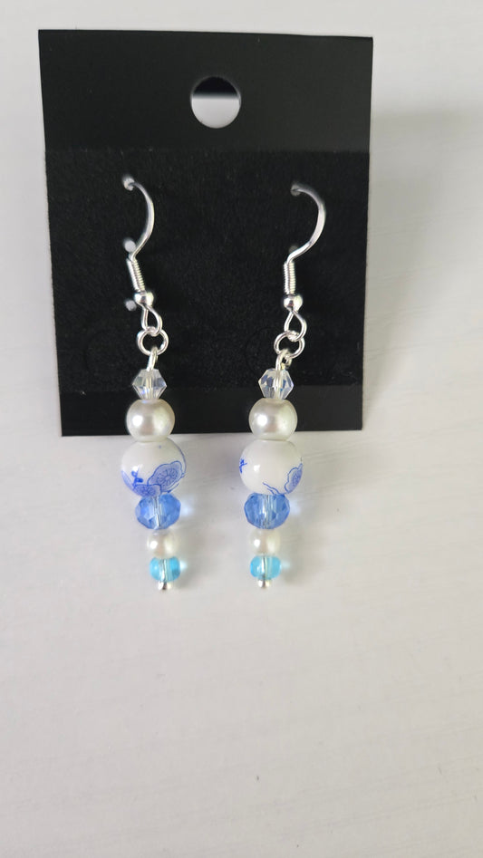 Blue/Pearl Floral Ceramic Earrings