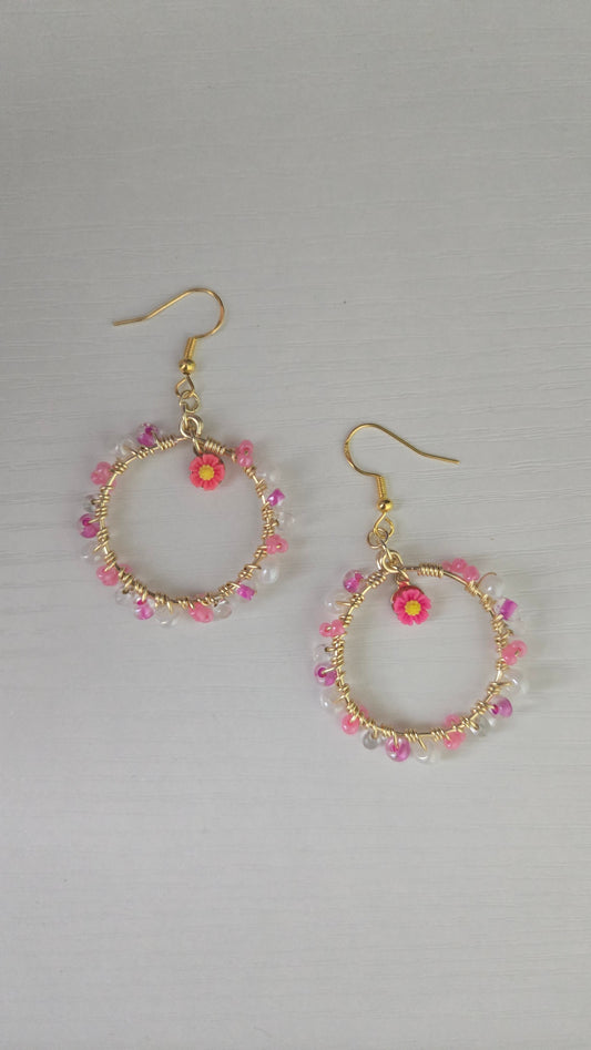 Pink Daisy Small Wire-wrapped Earrings