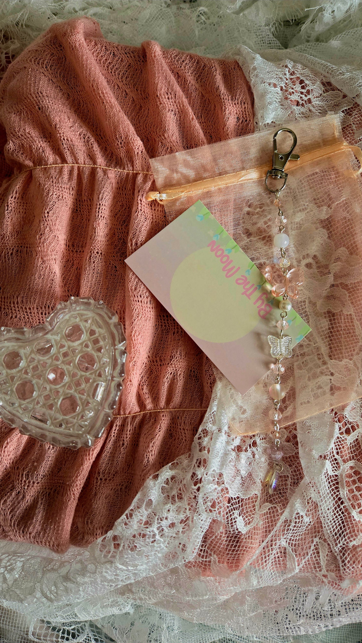 Peach and Silver Butterfly Keychain