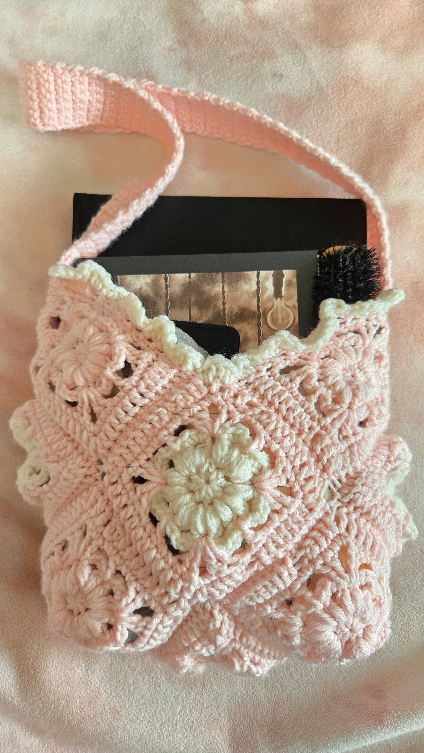 Pink Floral Crochet Market Bag