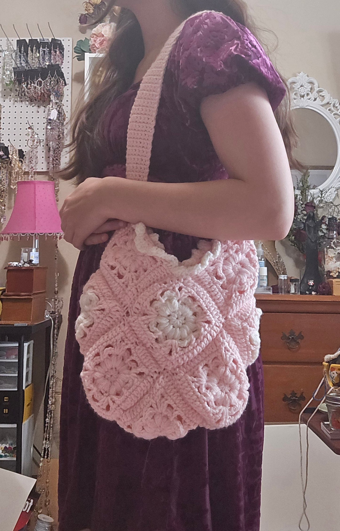 Pink Floral Crochet Market Bag